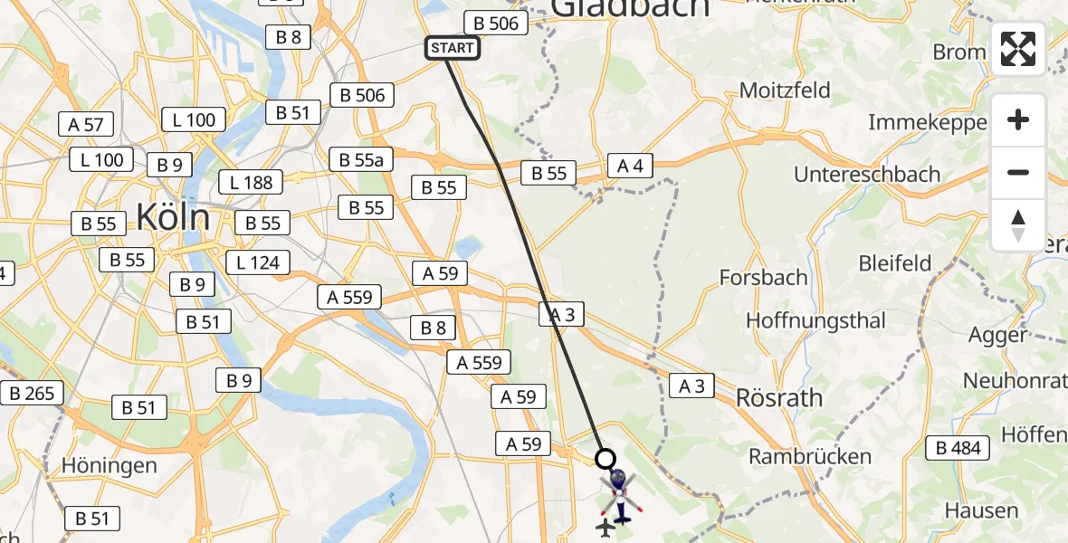 Flugroute Polizeihubschrauber Köln - Köln Bonn Flughafen, 04 Juli 2026, 08:59