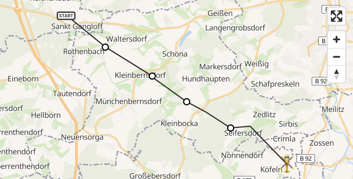 Flugroute Rettungshubschrauber St. Gangloff - Harth-Pöllnitz, 04 Juli 2026, 09:05