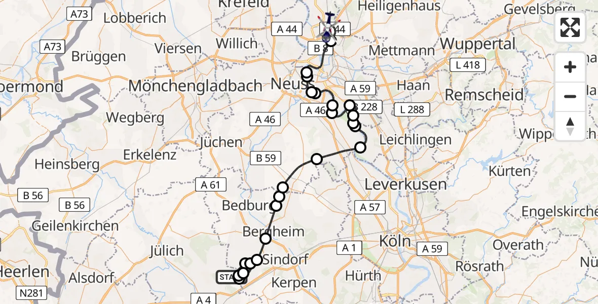 Flugroute Polizeihubschrauber Merzenich - Düsseldorf Flughafen, 04 Juli 2026, 09:13