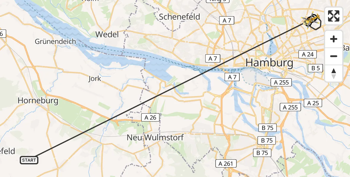 Flugroute Rettungshubschrauber Harsefeld - Hamburg Military Hospital, 04 Juli 2026, 09:15