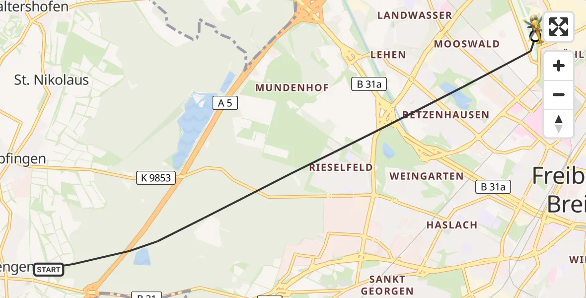 Flugroute Rettungshubschrauber Freiburg im Breisgau - Freiburg im Breisgau Flugplatz, 04 Juli 2026, 09:16