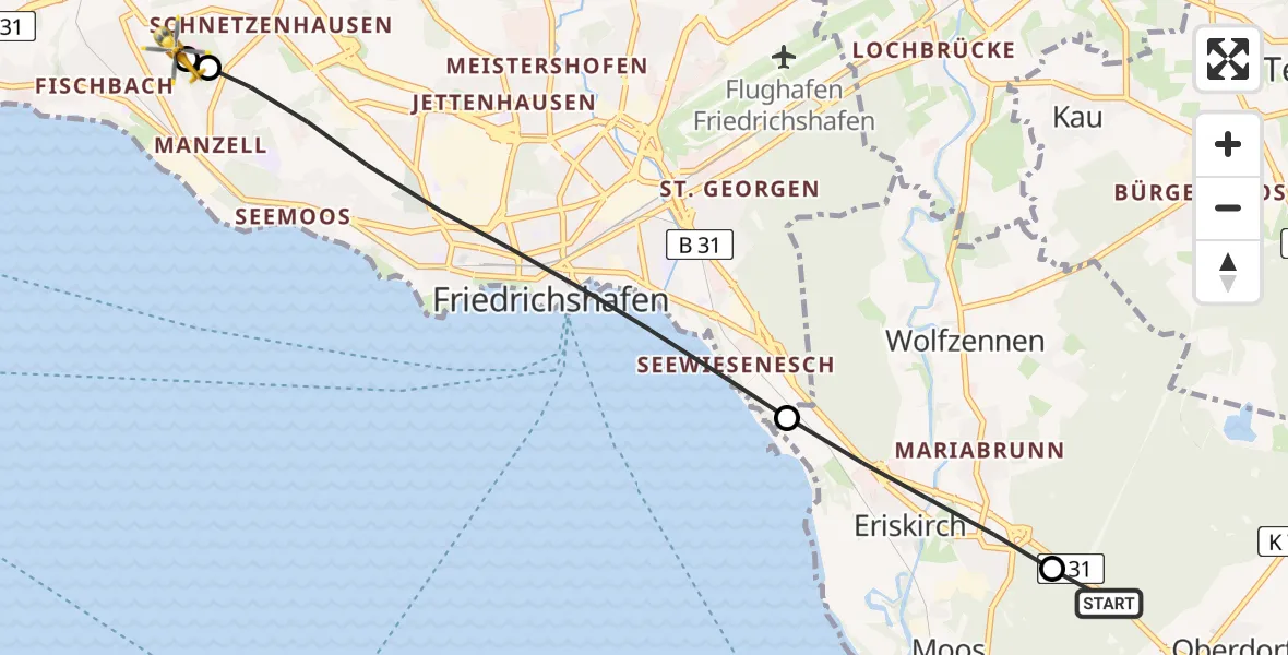 Flugroute Rettungshubschrauber Langenargen - Friedrichshafen Hospital, 04 Juli 2026, 09:20