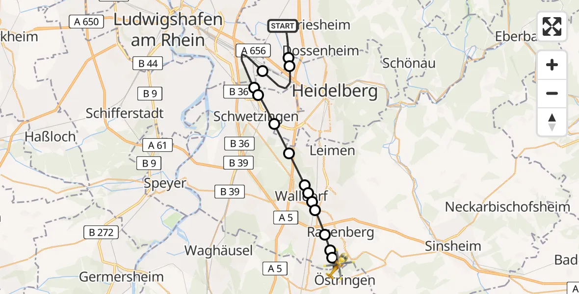 Flugroute Rettungshubschrauber Ladenburg - Mühlhausen, 04 Juli 2026, 09:34