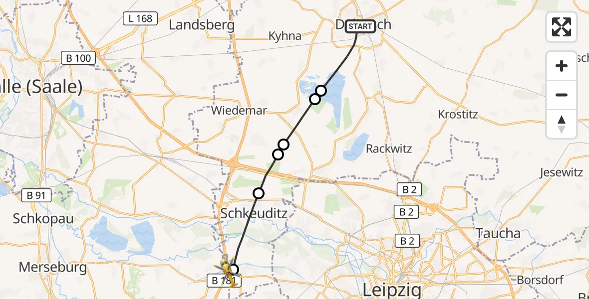 Flugroute Rettungshubschrauber Delitzsch - ADAC Air Rescue Station Leipzig/Schkeuditz-Dölzig Hubschrauberlandeplatz (Christoph 61), 04 Juli 2026, 09:40