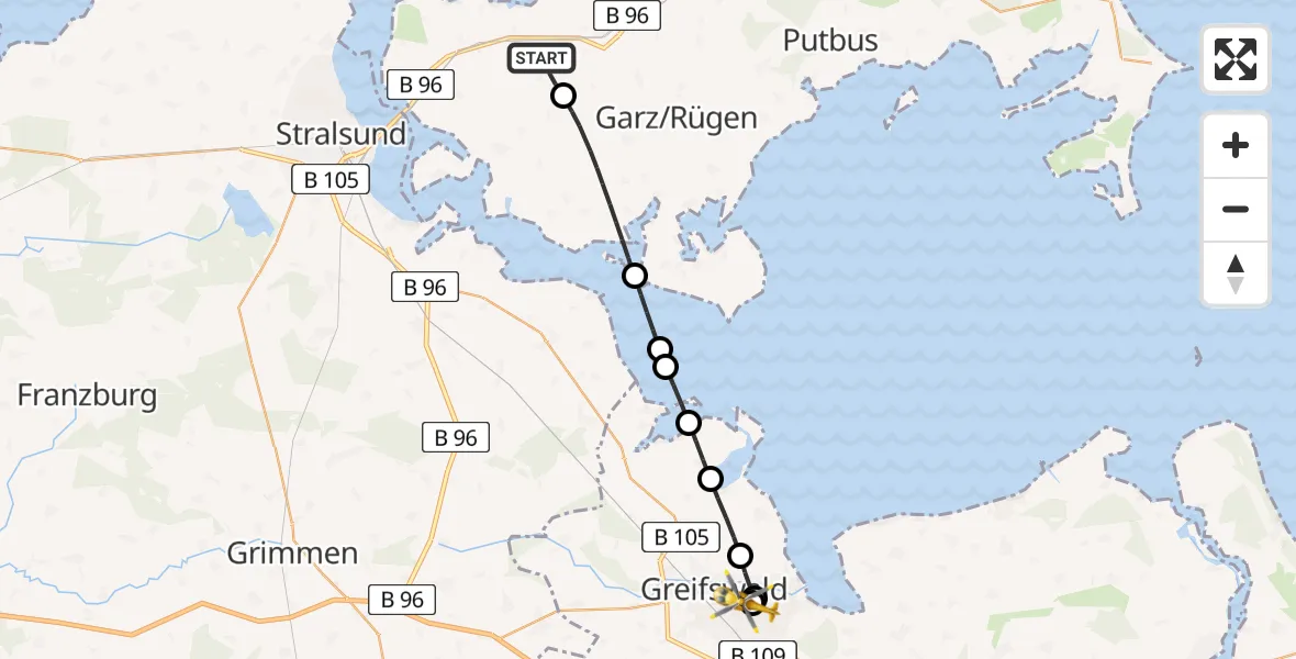Flugroute Rettungshubschrauber Rambin - Greifswald Hospital, 04 Juli 2026, 09:41