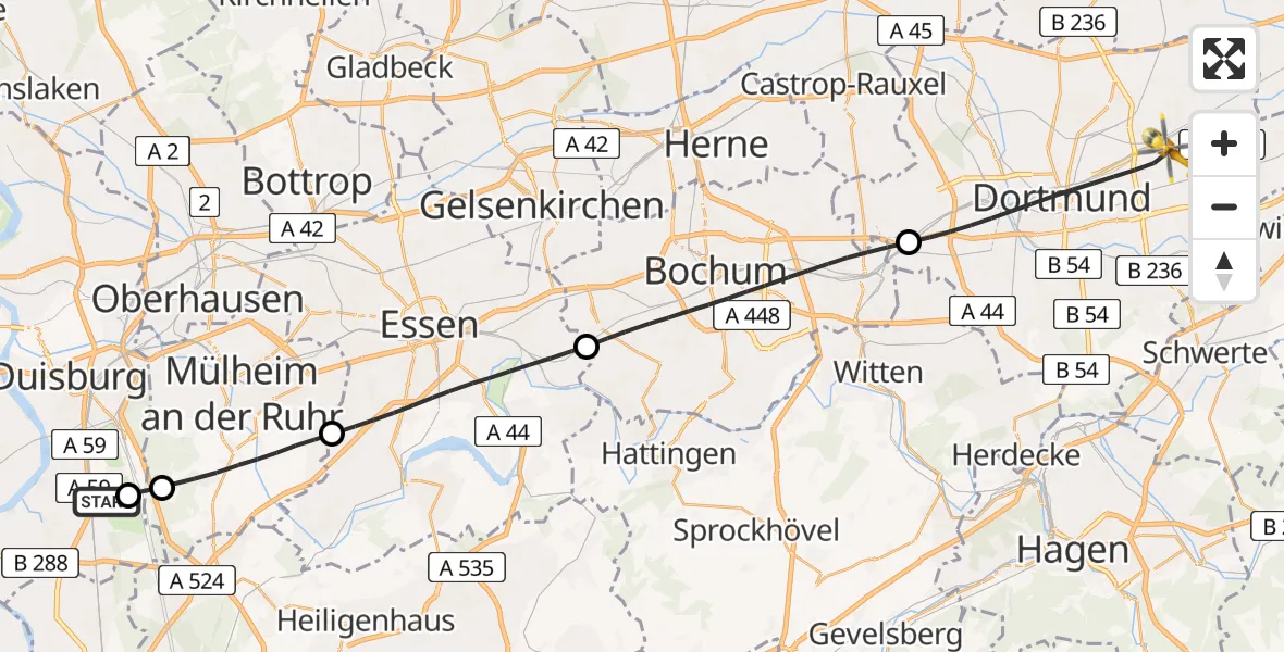 Flugroute Rettungshubschrauber Duisburg Air Rescue Hubschrauberlandeplatz (Christoph 9) - Dortmund, 04 Juli 2026, 09:42