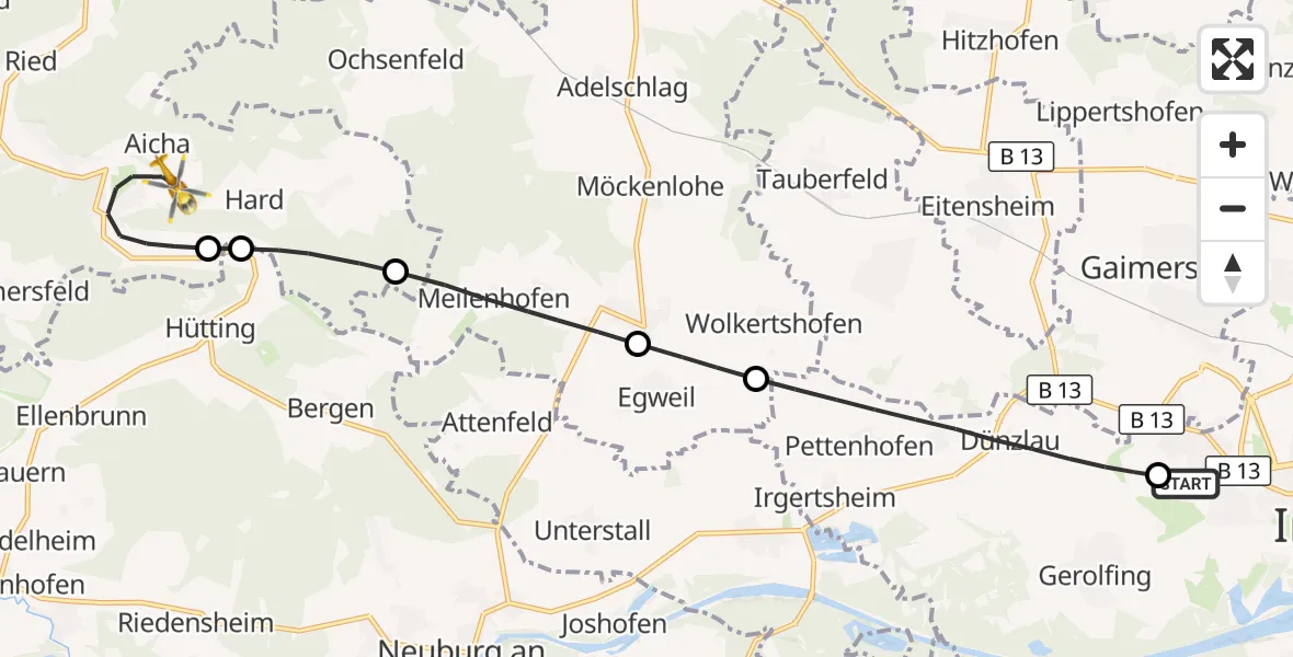 Flugroute Rettungshubschrauber Ingolstadt Hospital - Wellheim, 04 Juli 2026, 09:43