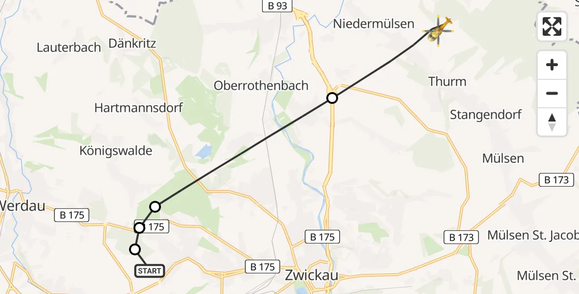 Flugroute Rettungshubschrauber ADAC Air Rescue Station Zwickau Hubschrauberlandeplatz - Mülsen, 04 Juli 2026, 09:48