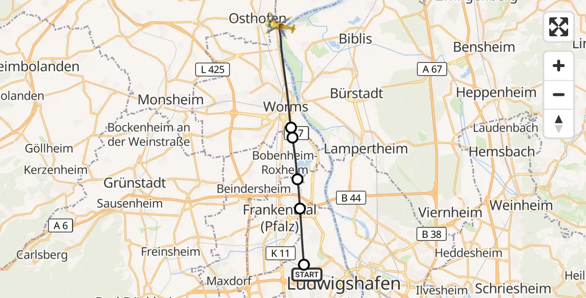 Flugroute Rettungshubschrauber Ludwigshafen Accident Hospital - Worms, 04 Juli 2026, 09:50
