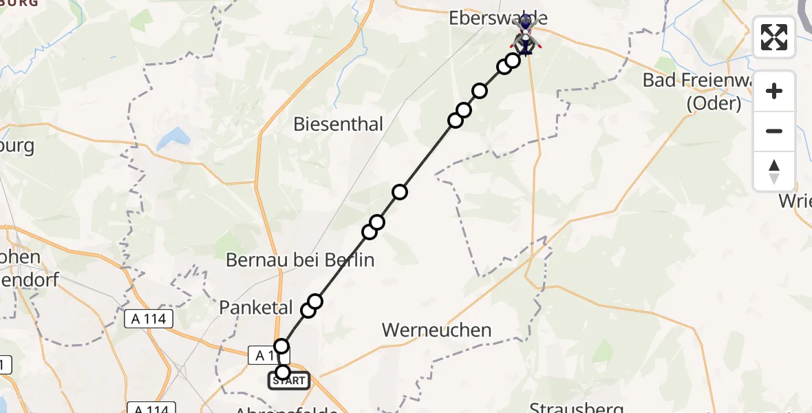 Flugroute Polizeihubschrauber Ahrensfelde Hubschrauberlandeplatz - Eberswalde, 04 Juli 2026, 09:50