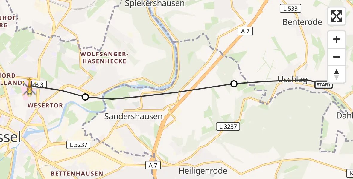 Flugroute Rettungshubschrauber Staufenberg - Kassel, 04 Juli 2026, 09:51