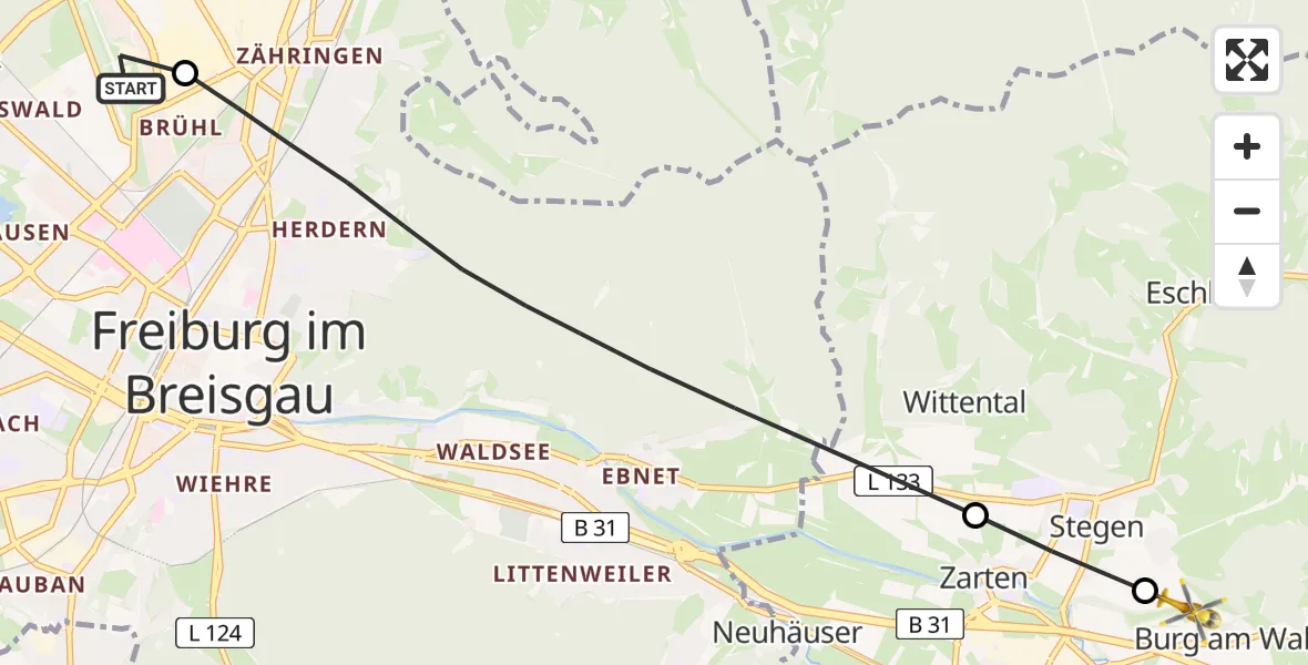 Flugroute Rettungshubschrauber Freiburg im Breisgau Flugplatz - Kirchzarten, 04 Juli 2026, 09:52