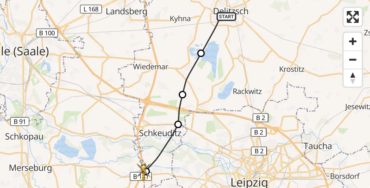 Flugroute Rettungshubschrauber Delitzsch - ADAC Air Rescue Station Leipzig/Schkeuditz-Dölzig Hubschrauberlandeplatz (Christoph 61), 04 Juli 2026, 09:54
