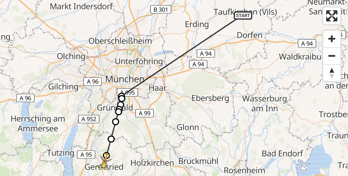 Flugroute Rettungshubschrauber Taufkirchen (Vils) - Wolfratshauser Forst, 04 Juli 2026, 10:01