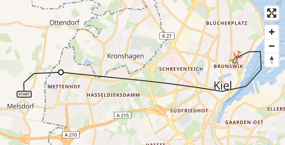 Flugroute Ambulanzhubschrauber Melsdorf - Kiel, 04 Juli 2026, 10:11