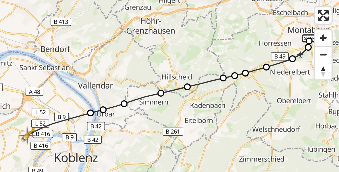 Flugroute Rettungshubschrauber Catholic Hospital Koblenz-Montabaur - Koblenz, 04 Juli 2026, 10:12