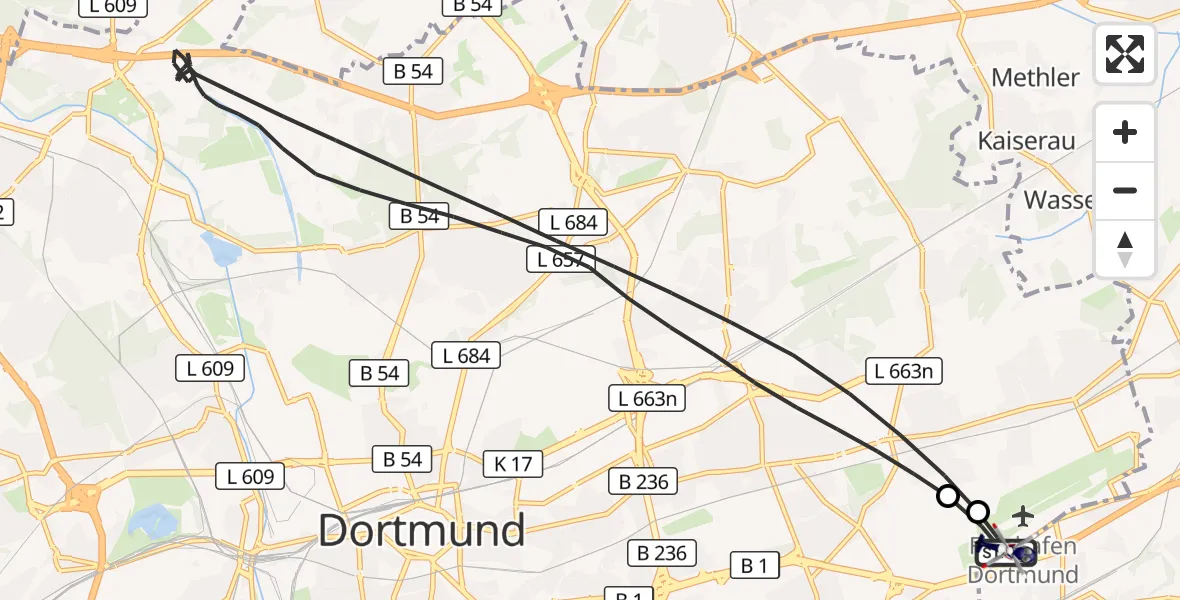 Flugroute Polizeihubschrauber Dortmund Flughafen - Dortmund Flughafen, 04 Juli 2026, 10:17