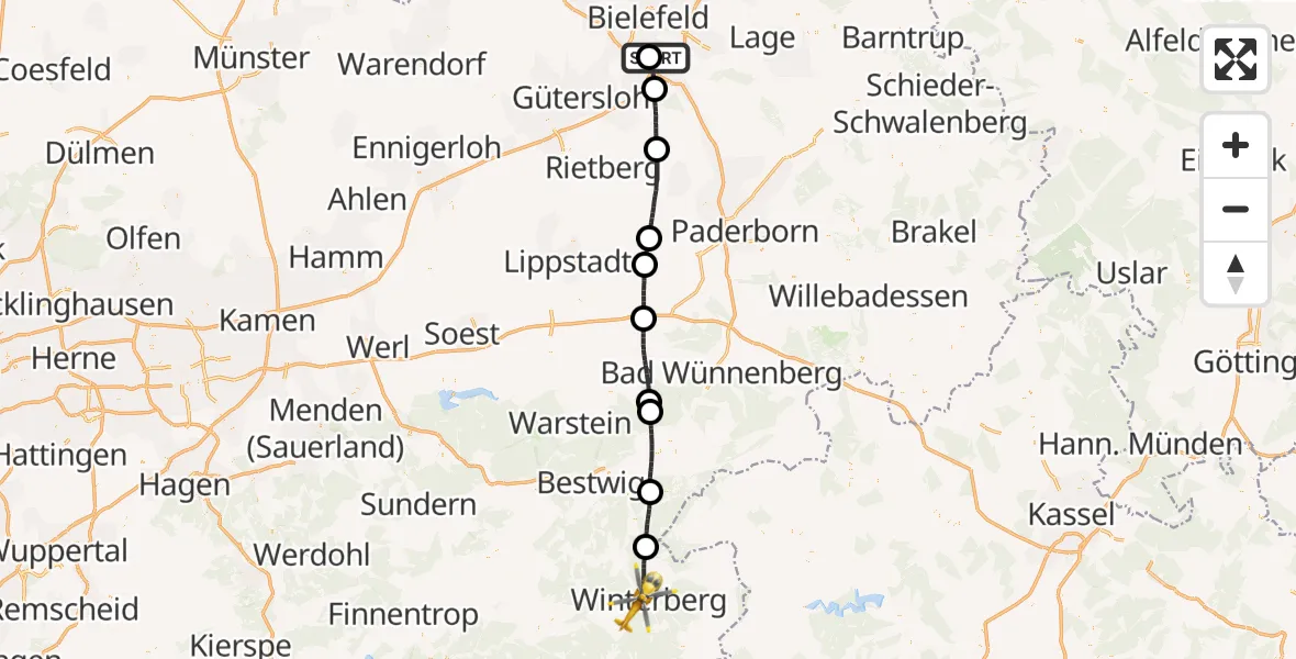 Flugroute Rettungshubschrauber Bielefeld Flughafen - Winterberg, 04 Juli 2026, 10:19
