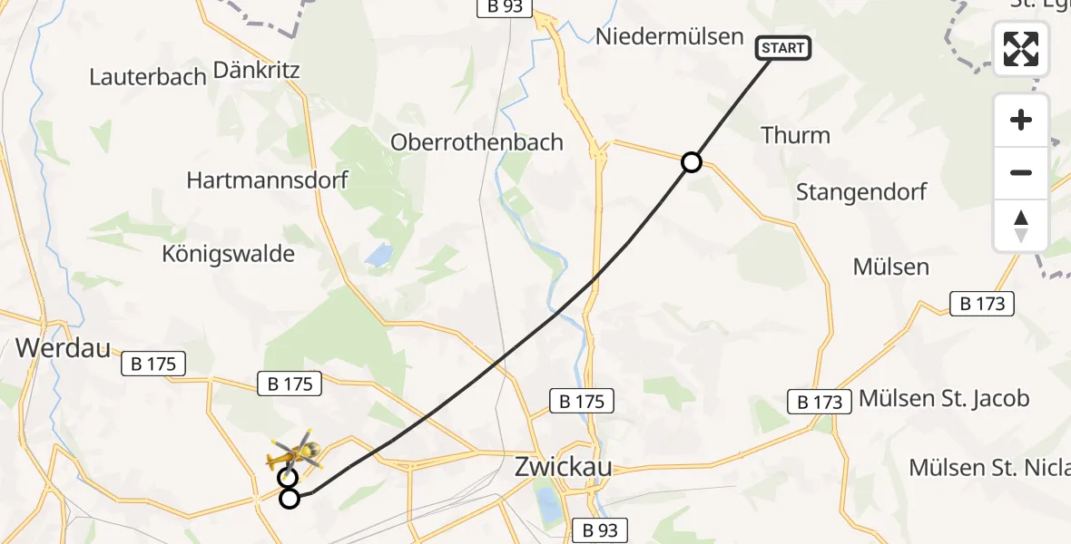 Flugroute Rettungshubschrauber Mülsen - ADAC Air Rescue Station Zwickau Hubschrauberlandeplatz, 04 Juli 2026, 10:20