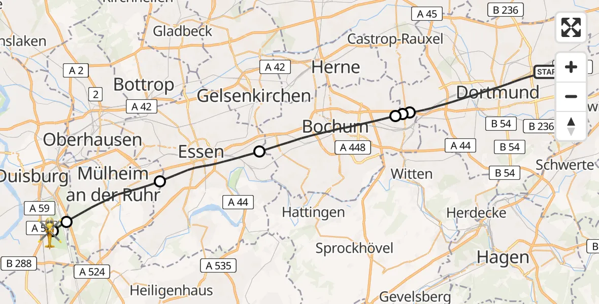 Flugroute Rettungshubschrauber Dortmund - Duisburg Air Rescue Hubschrauberlandeplatz (Christoph 9), 04 Juli 2026, 10:20