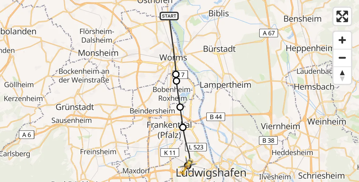 Flugroute Rettungshubschrauber Worms - Ludwigshafen Accident Hospital, 04 Juli 2026, 10:22