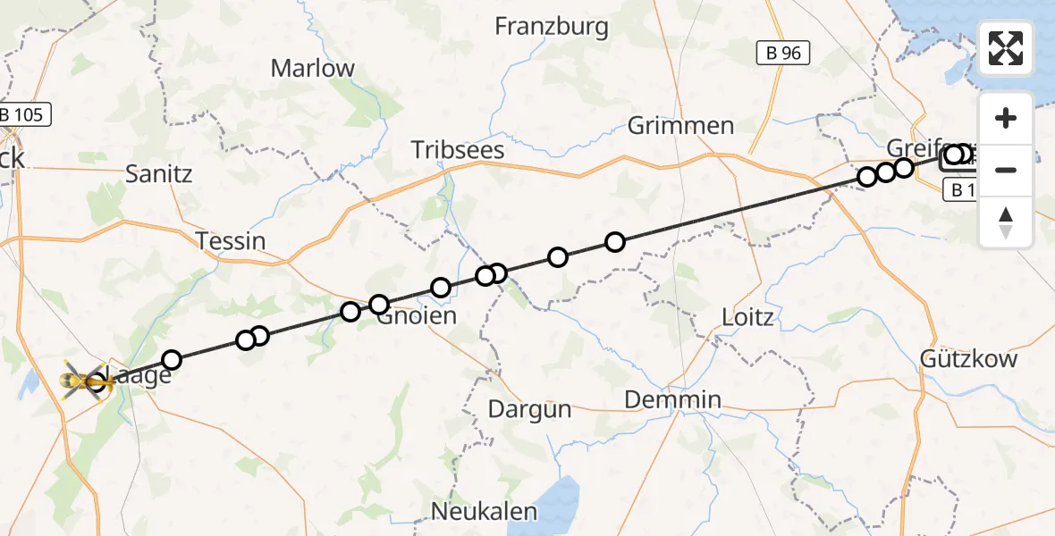 Flugroute Rettungshubschrauber Greifswald Hospital - Flughafen Rostock-Laage, 04 Juli 2026, 10:25