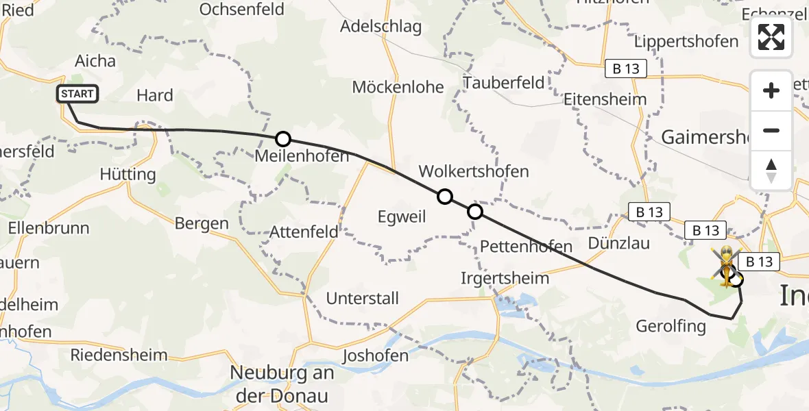 Flugroute Rettungshubschrauber Wellheim - Ingolstadt Hospital, 04 Juli 2026, 10:25