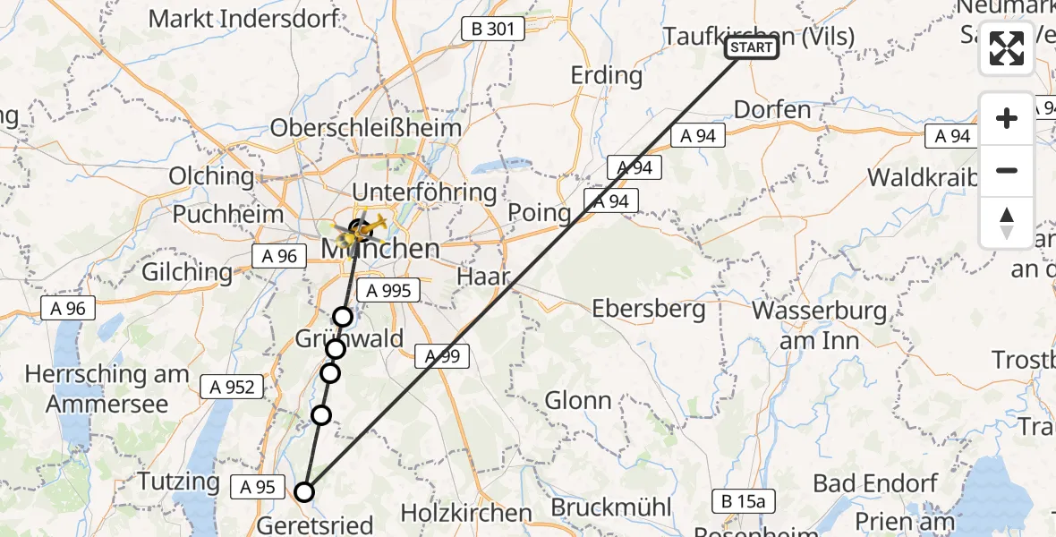 Flugroute Rettungshubschrauber Taufkirchen (Vils) - Deutsches Herzzentrum München, 04 Juli 2026, 10:33
