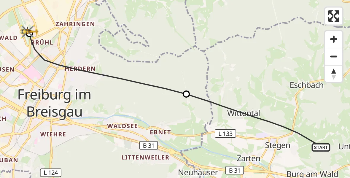 Flugroute Rettungshubschrauber Stegen - Freiburg im Breisgau Flugplatz, 04 Juli 2026, 10:36