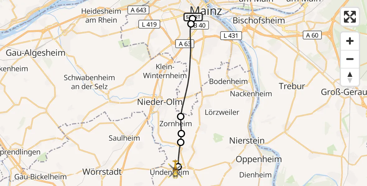 Flugroute Rettungshubschrauber Mainz University Hospital - Undenheim, 04 Juli 2026, 10:37