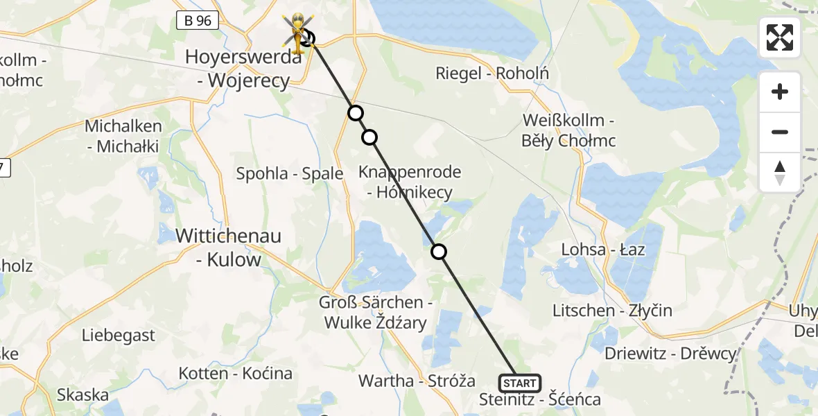 Flugroute Rettungshubschrauber Lohsa - Lausitzer Seenland Hospital, 04 Juli 2026, 10:40
