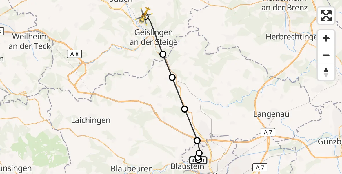 Flugroute Rettungshubschrauber Ulm Military Hospital Emergency - Donzdorf, 04 Juli 2026, 10:47