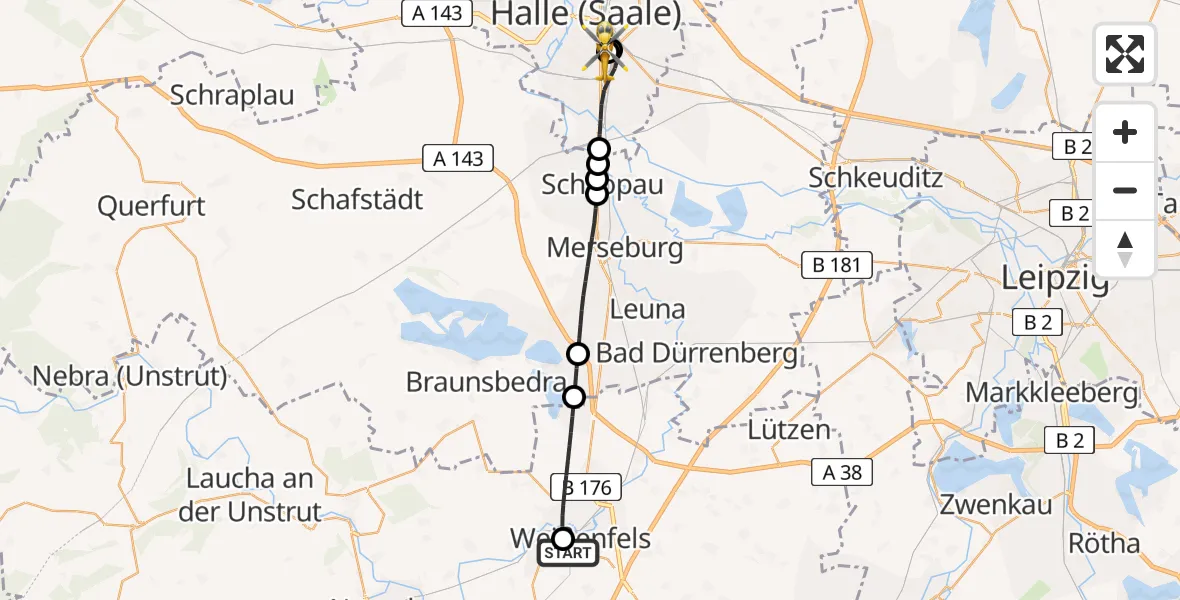 Flugroute Rettungshubschrauber Asklepios Clinic Weißenfels - BG Hospital Bergmannstrost Halle, 04 Juli 2026, 10:47