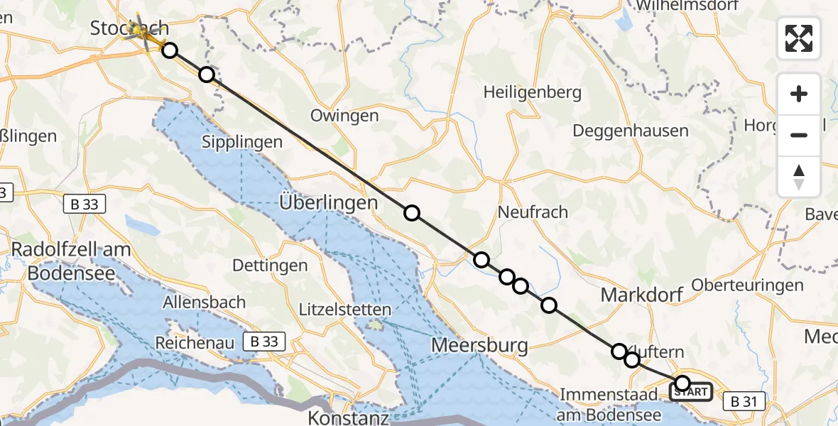 Flugroute Rettungshubschrauber Friedrichshafen Hospital - Stockach, 04 Juli 2026, 10:50