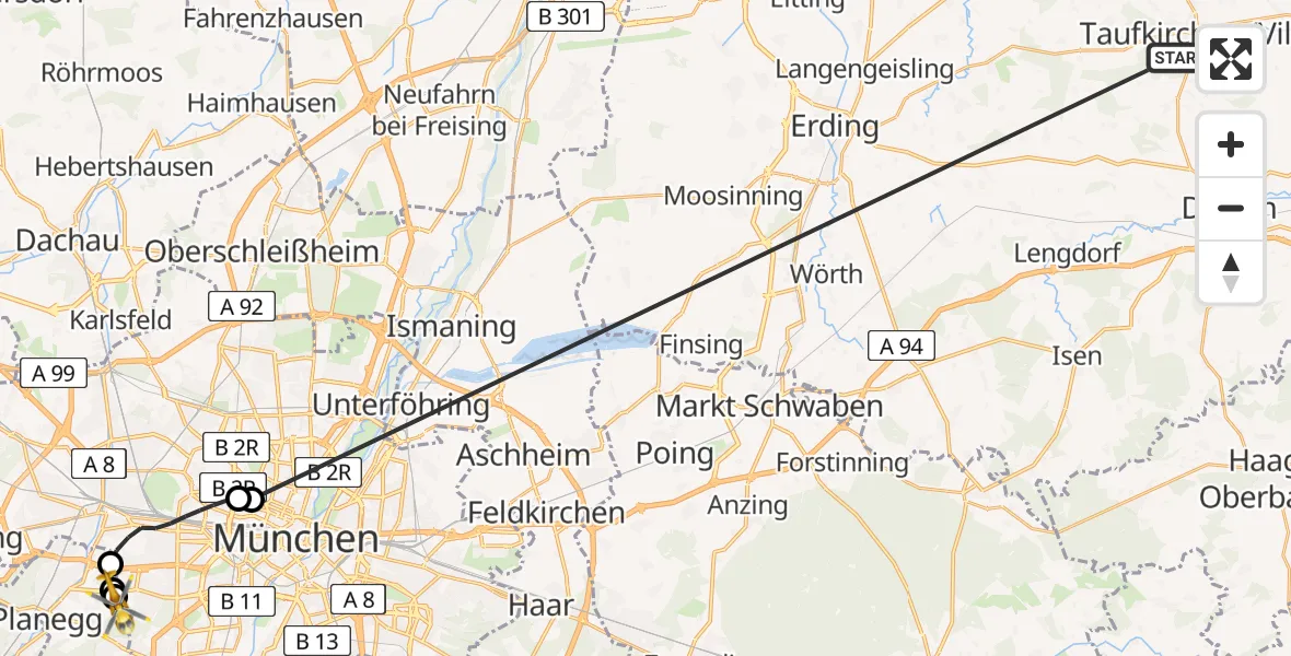 Flugroute Rettungshubschrauber Taufkirchen (Vils) - DRF Air Rescue München Hubschrauberlandeplatz, 04 Juli 2026, 10:52