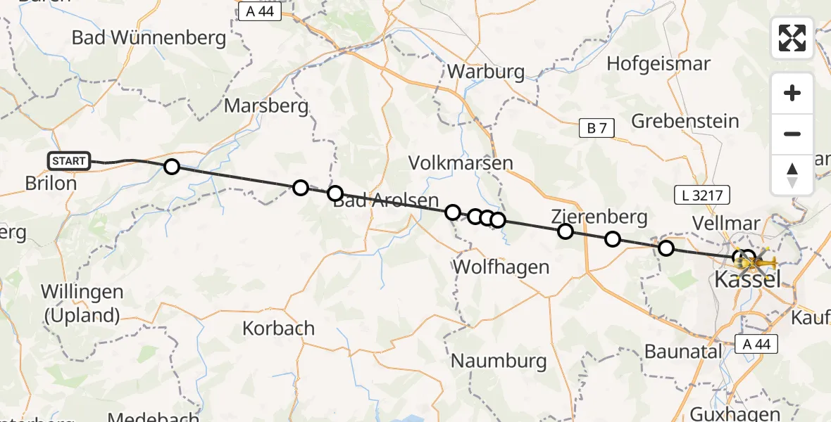 Flugroute Ambulanzhubschrauber Brilon - Kassel, 04 Juli 2026, 10:52