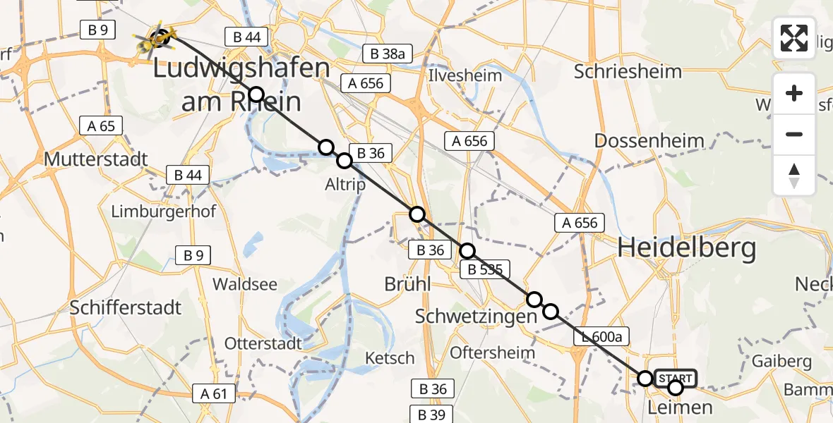 Flugroute Rettungshubschrauber Heidelberg - Ludwigshafen Accident Hospital, 04 Juli 2026, 10:54