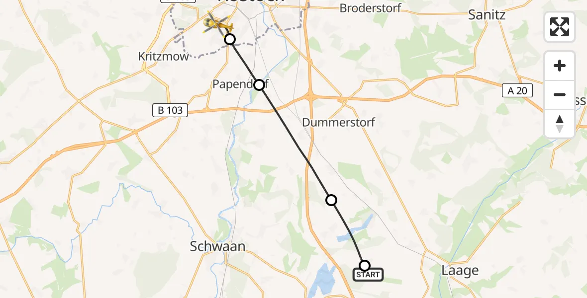 Flugroute Rettungshubschrauber Flughafen Rostock-Laage - Rostock, 04 Juli 2026, 11:09