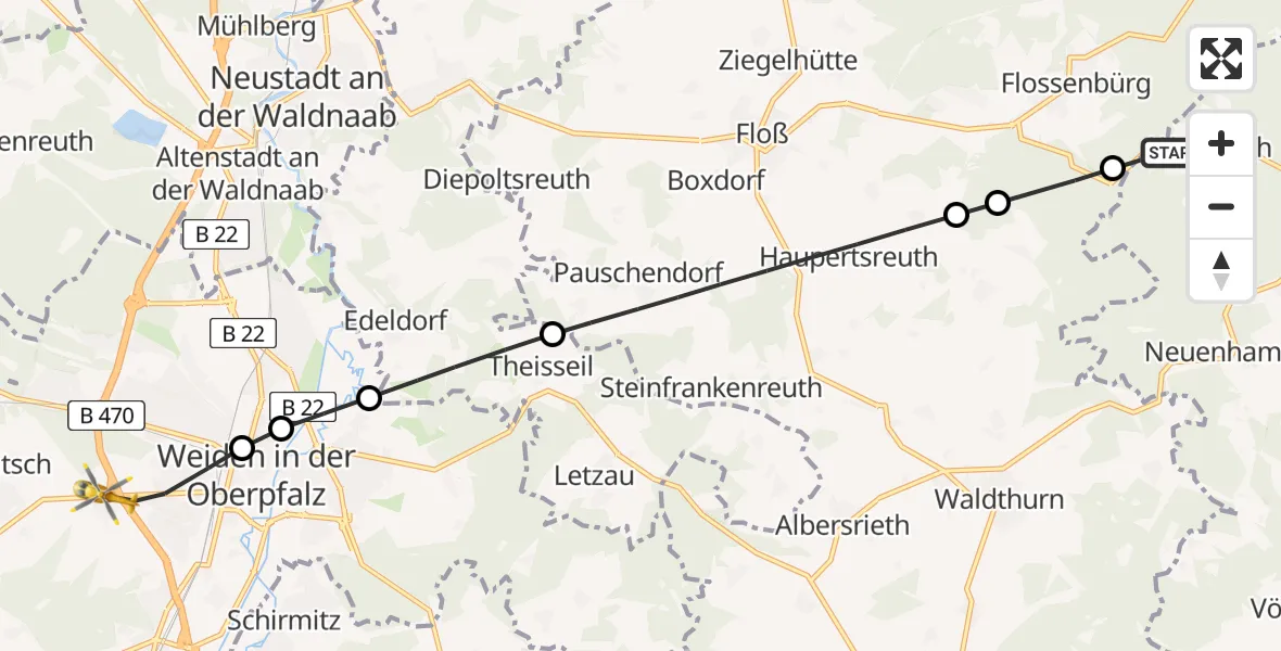 Flugroute Rettungshubschrauber Georgenberg - Weiden i.d.OPf., 04 Juli 2026, 11:10