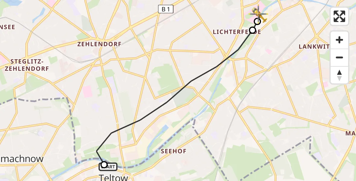 Flugroute Rettungshubschrauber Teltow - Charité Clinic Benjamin Franklin Campus, 04 Juli 2026, 11:14