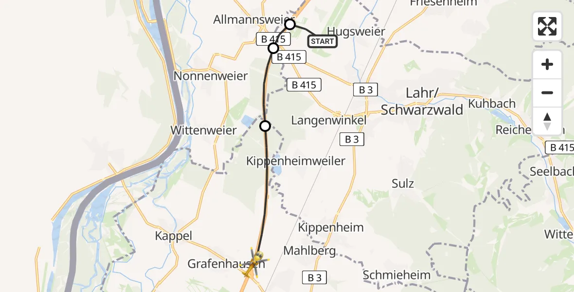 Flugroute Rettungshubschrauber Lahr Flughafen - Mahlberg, 04 Juli 2026, 11:16