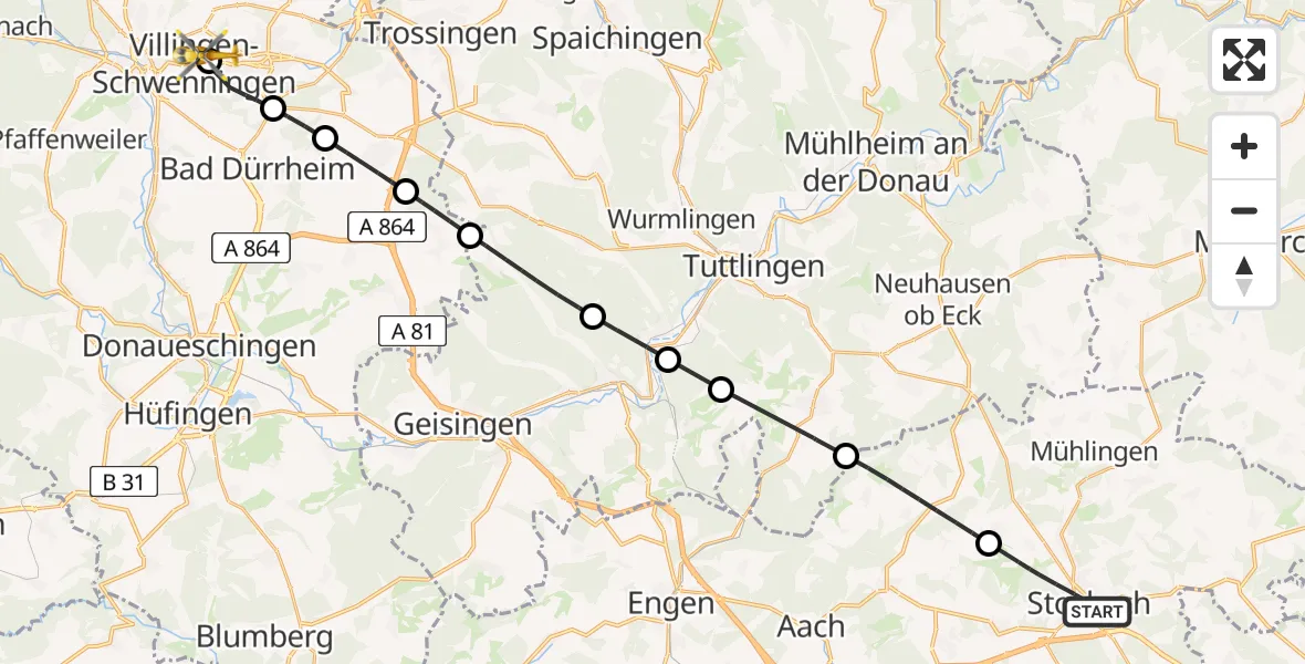 Flugroute Rettungshubschrauber Stockach - DRF Air Rescue Station Villingen-Schwenningen Hubschrauberlandeplatz (Christoph 11), 04 Juli 2026, 11:16