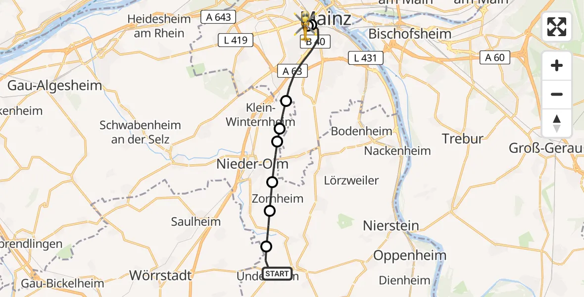 Flugroute Rettungshubschrauber Undenheim - Mainz University Hospital, 04 Juli 2026, 11:18
