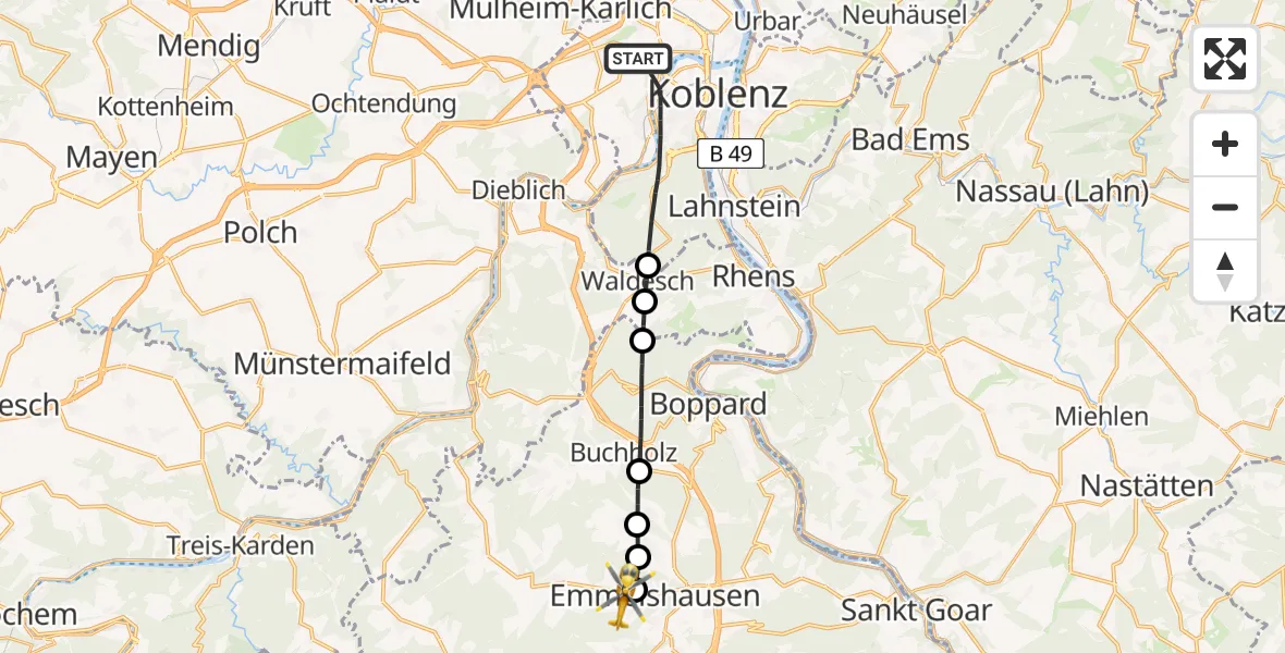 Flugroute Rettungshubschrauber Koblenz - Emmelshausen, 04 Juli 2026, 11:18