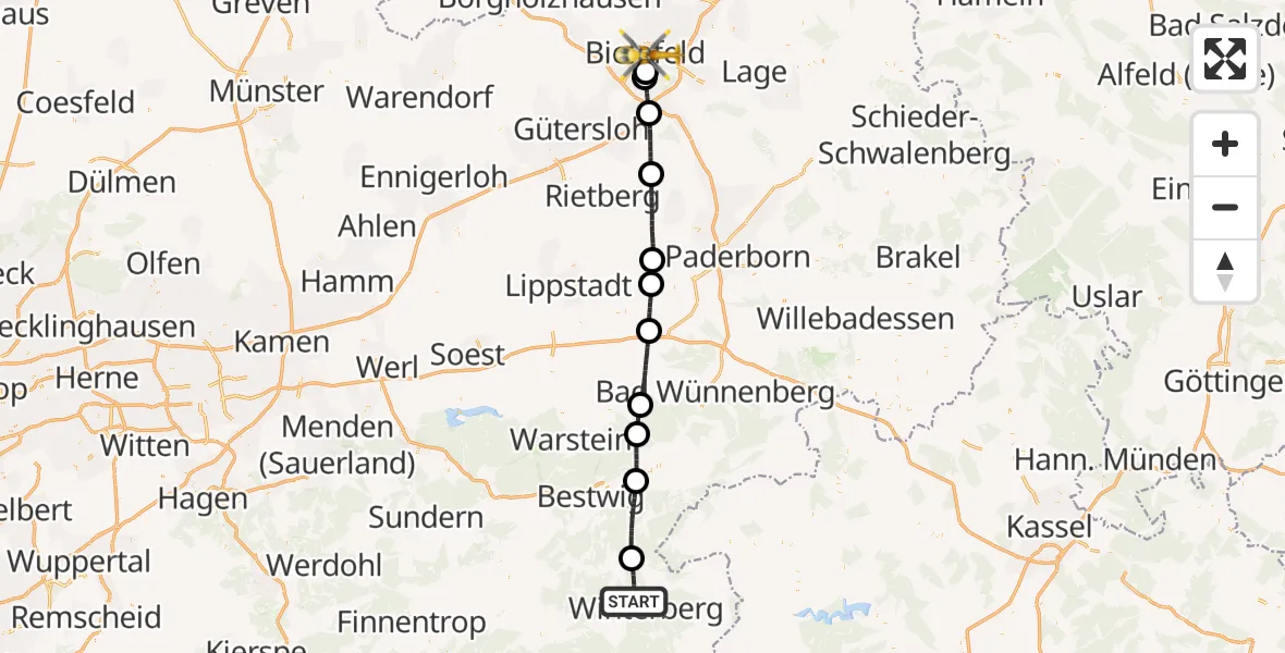 Flugroute Rettungshubschrauber Winterberg - Bielefeld, 04 Juli 2026, 11:23