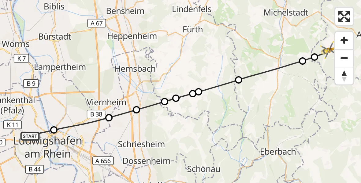 Flugroute Rettungshubschrauber Ludwigshafen am Rhein - Kirchzell, 04 Juli 2026, 11:24