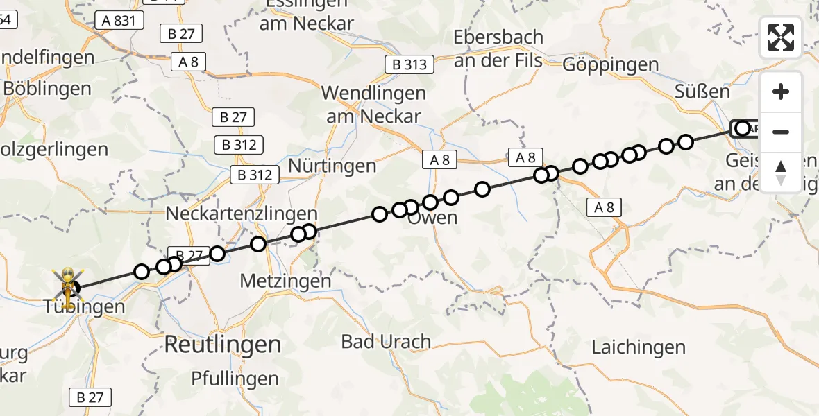 Flugroute Rettungshubschrauber Donzdorf - Tübingen Trauma Hospital, 04 Juli 2026, 11:26