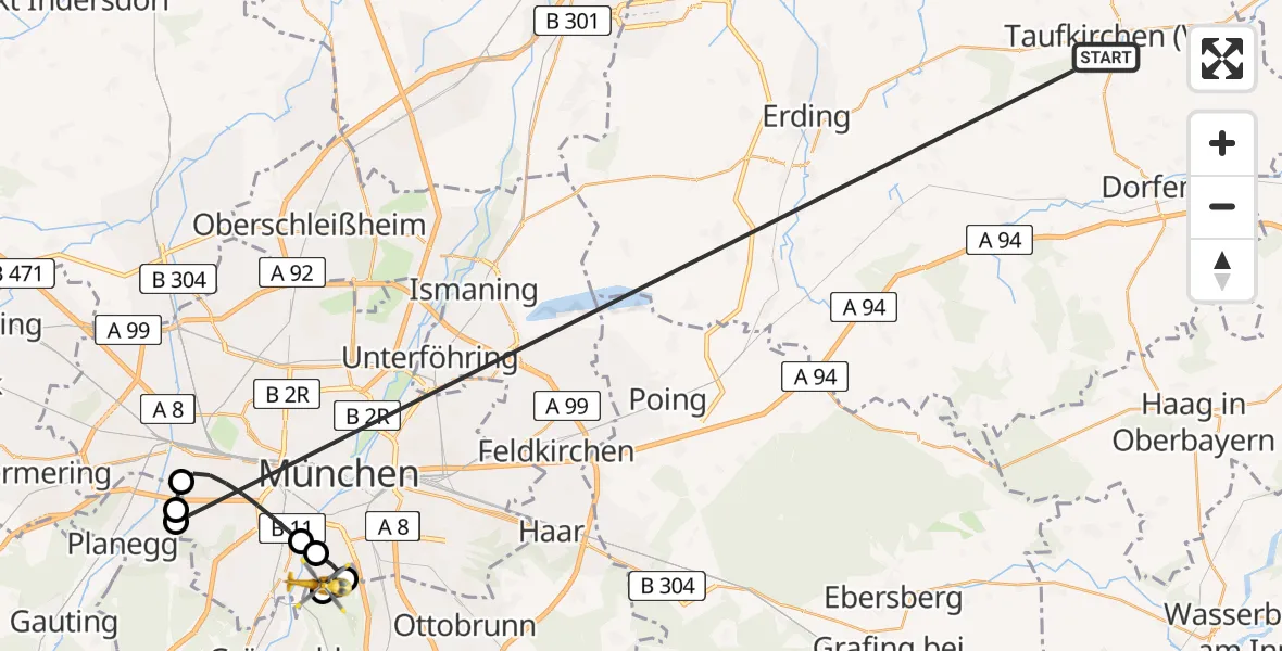 Flugroute Rettungshubschrauber Taufkirchen (Vils) - ADAC Air Rescue Center Hubschrauberlandeplatz (Christoph 1), 04 Juli 2026, 11:27