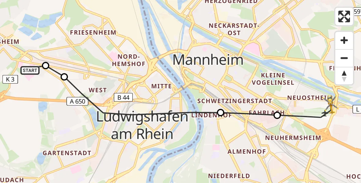 Flugroute Rettungshubschrauber Ludwigshafen Accident Hospital - Mannheim-City Flughafen, 04 Juli 2026, 11:29