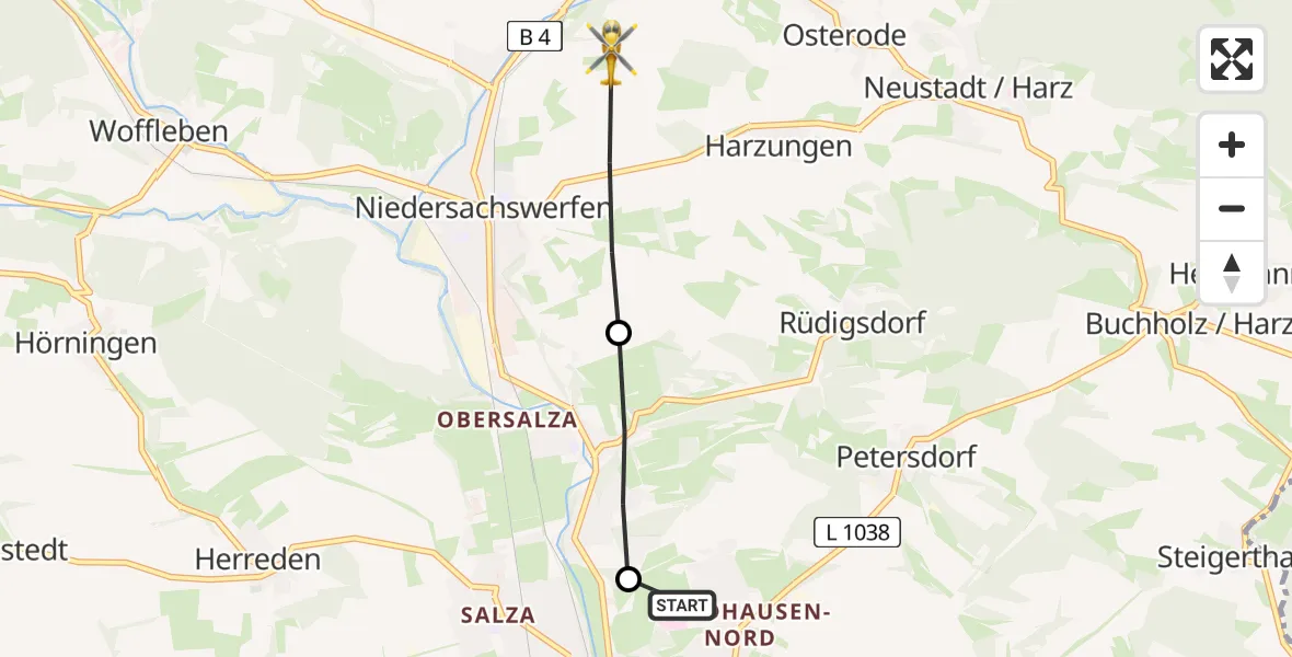 Flugroute Rettungshubschrauber Südharz Hospital Nordhausen - Harztor, 04 Juli 2026, 11:30